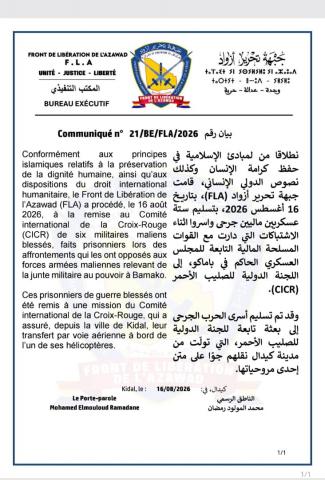 جبهة تحرير أزواد تعلن عن تسليم 6 جنود ماليين جرحى للصليب الأحمر